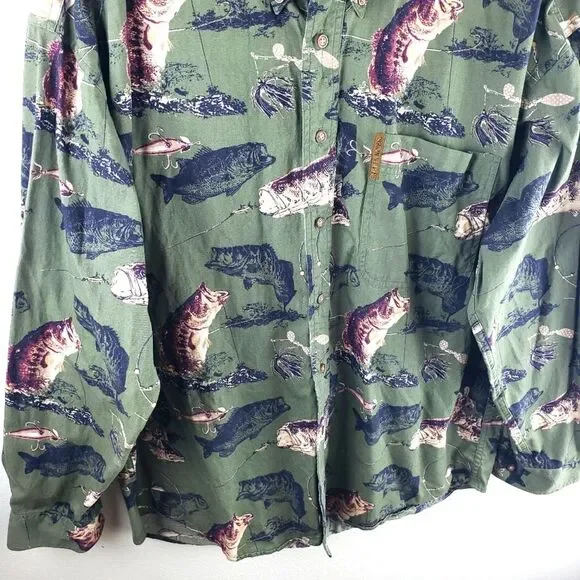 Men's The North River Green Button Up Long Sleeve Bass Fish Shirt Size Large - Picture 10 of 11